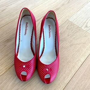 Red peep toe pumps (add your own embellishment)